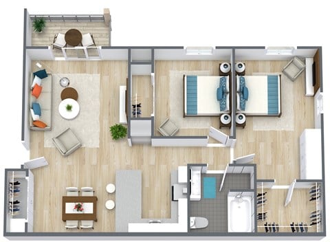 Floor plan for 2 beds, 1 bath, 960 sqft
